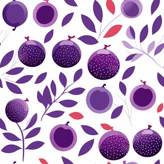 A seamless pattern featuring red plums with leaves on a white background with colorful gradients and stylized animal motifs.