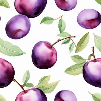 A seamless watercolor pattern featuring ripe plums and leaves on a white background.