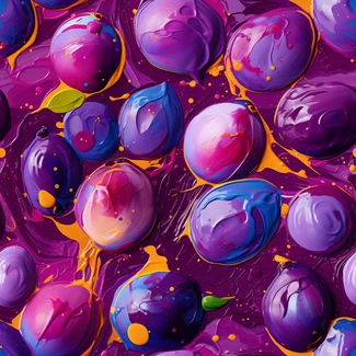 A seamless pattern featuring purple and orange sweet plums painted onto a background of blue abstract paint.