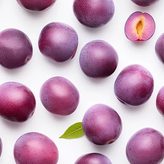 A pattern of scattered purple plums on a white background.