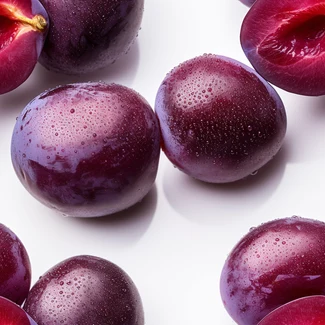 A pattern featuring close-ups of fresh plums in various bold colors on a white background.