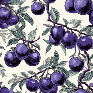A seamless pattern featuring a branch with purple plums and leaves on a light silver and blue background.