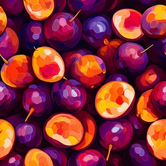 A seamless pattern of plums in shades of purple and orange.