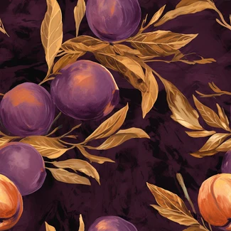 A seamless pattern featuring plump purple plums and delicate leaves on a luxurious background.