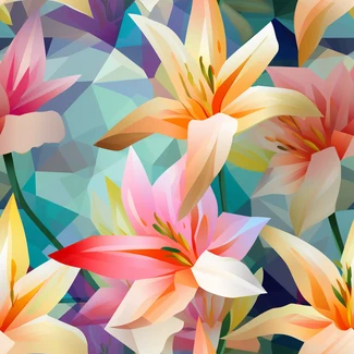 A colorful polygonal lilies pattern on a bright background