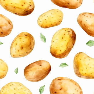 A seamless pattern of watercolor potatoes and leaves on a white background.