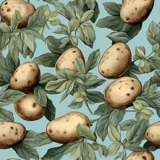 A seamless pattern featuring potatoes, tomatoes, and leaves on a blue background in a highly detailed and naturalistic style.