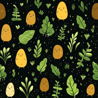A seamless pattern featuring cute potatoes with green leaves and green grass on a black background.
