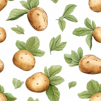 A seamless pattern of potatoes and leaves in a brushwork style with vintage imagery and harmonious colors.