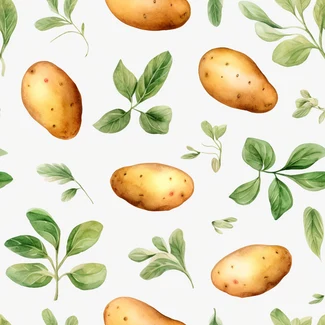 Potato leaves and eucalyptus leaves watercolor seamless pattern with a botanical and graphic design on a white background