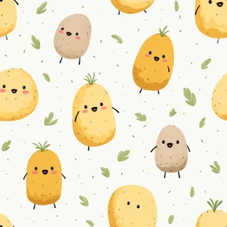 Seamless pattern featuring cute potato characters with green leaves on a white background