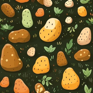 A seamless pattern of cute and colorful potatoes arranged in a cartoon style on a textured background.