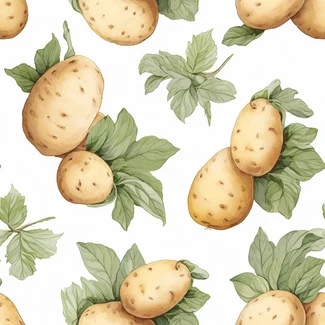 A seamless watercolor pattern of potatoes and leaves on a white background