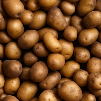 A close-up view of many large, brown potatoes piled together, with some featuring red markings on the edges