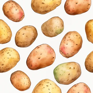 Potato watercolor pattern with realistic details on a terracotta background.
