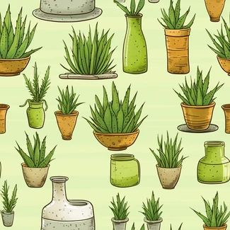 A seamless pattern of potted plants on a light brown and green background