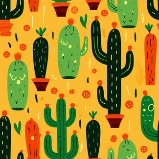 Illustration of various colorful cacti on an orange background with repeating terracotta pattern