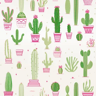 A repeating pattern of cactus plants in pots on a pink background