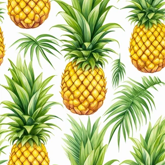 Tropical pineapple and palm leaves on a white background
