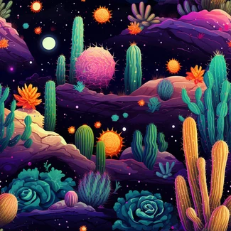 Colorful and hyper-detailed desert scene with cactus plants and stars in a psychedelic neon style