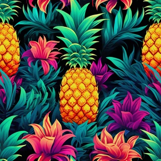 A colorful and playful pattern featuring pineapples and tropical foliage on a black background.