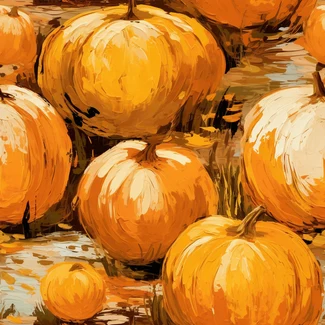 A seamless pattern featuring pumpkins and leaves on an orange background.