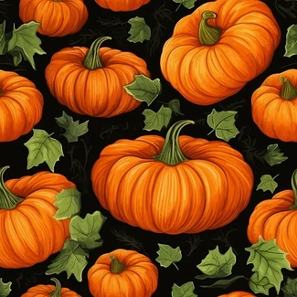 A seamless pattern featuring orange pumpkins and foliage on a dark background