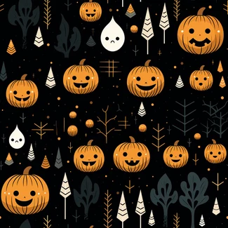 A seamless pattern featuring cute and quirky pumpkins in a dark forest setting on a black background.