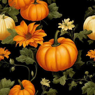 A seamless pattern featuring pumpkins and flowers on a black background