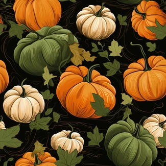 A seamless pumpkin pattern with leaves on a black background, featuring contrasting colors of dark beige and green.