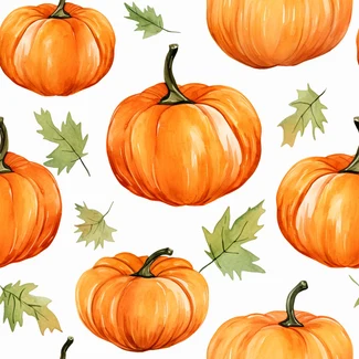 A colorful watercolor pattern featuring pumpkins and leaves on a white background.