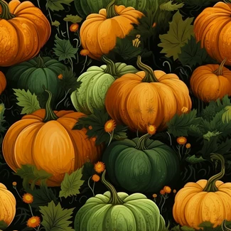 A seamless pattern of pumpkins and leaves on a black background with a textured fabric appearance.