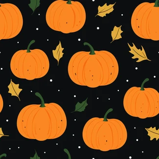 Cartoon-style pumpkins and leaves on a black background.