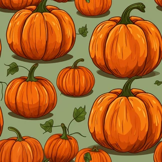 A seamless pattern featuring pumpkins with green leaves on a green background.