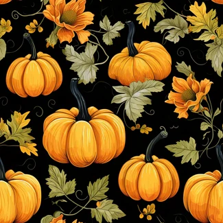 A seamless pattern of pumpkins and leaves on a black background