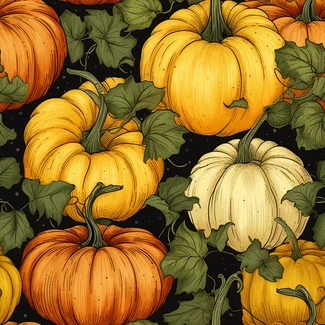 An autumn-themed seamless pattern featuring detailed illustrations of pumpkins, pumpkin seeds, and leaves on a black background enhanced digitally to create an optical illusion.