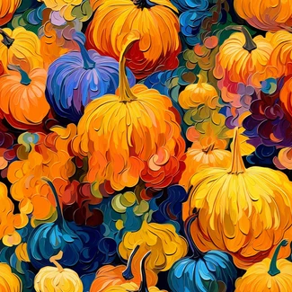 A colorful pattern featuring swirling orange and blue pumpkins against a bold black background.