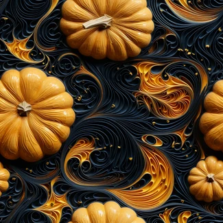 Abstract swirling pumpkin pattern with dark yellow and light indigo colors on a black background.