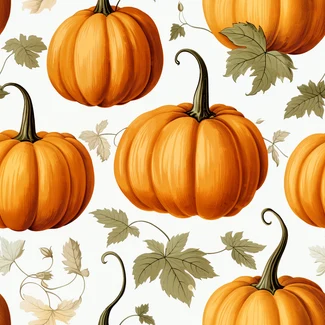 A seamless pattern featuring bright orange pumpkins and detailed leaves set against a crisp white background.