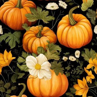 Pumpkins and flowers pattern on black background in golden age style with high detail and realistic detail