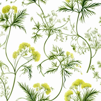 A pattern of dill plants and leaves on a white background