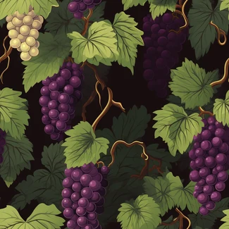 A repeating pattern of purple grapes on a vine against a black background.
