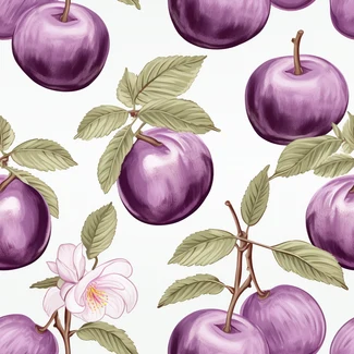 Purple Plum Seamless Pattern with realistic plums on a branch with leaves and blossoming flowers.