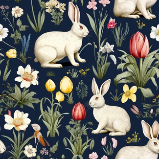 A seamless pattern of rabbits in a botanical garden surrounded by small flowers and greens.