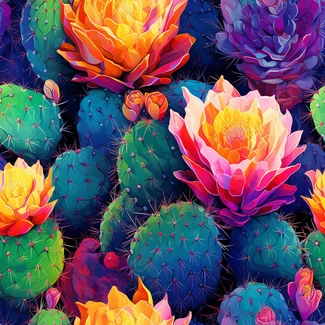 A colorful and hyper-realistic floral pattern featuring a diverse array of cacti, expertly rendered with precisionist shading and glowing neon highlights.