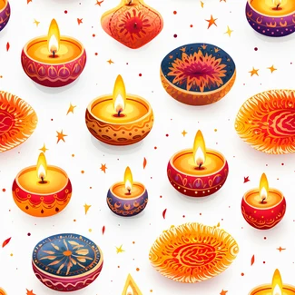 A seamless pattern of radiant and colorful Indian lanterns, candles, and diya lamps on a white background.