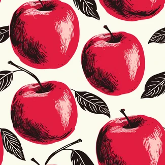 A vintage-style pattern featuring red apples with leaves on a white background.