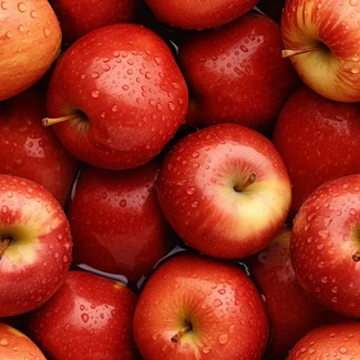 A pattern of red apples covered in water droplets on a light background.