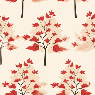 A seamless pattern featuring a red maple tree with little red leaves on a beige background.