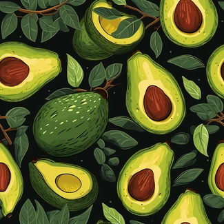 A seamless pattern of ripe avocados and leaves on a black background.